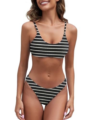 Image of Fanuerg Women's Ribbed Bikini Sets Scoop Neck Cheeky Swimsuit Textured Two Piece Bathing Suit
