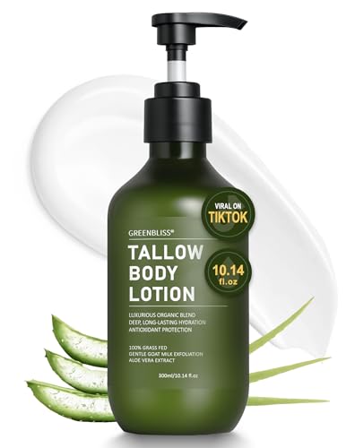 Beef Tallow for Skin Care - GreenBliss 100% Organic Grass Fed tallow Lotion - Face + Body, Whipped Moisturizer for Sensitive Skin, Natural Deep Hydration,10.14 FL. oz.