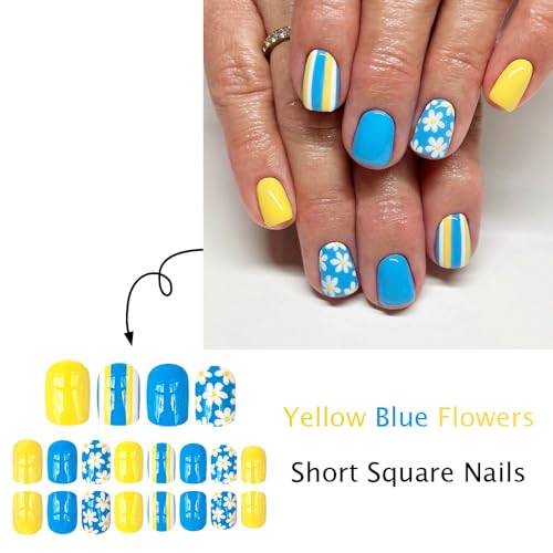 Summer Press on Nails - Glossy Short Square Daisy Design