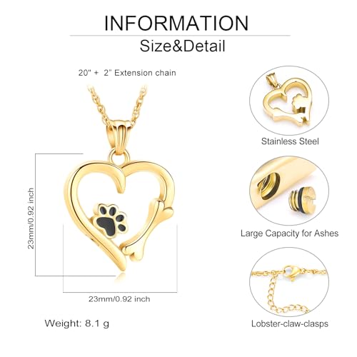 QGJNSGC Paw Print Urn Necklace Heart Locket Necklace for Ashes Dog Cat Charms Pendant Cremation Jewelry Cat Dog Keepsake Memorial Gifts for Women Girls (Gold) - Image 2