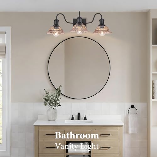 Image of Farmhouse Vanity Lights 3-Light, Black Bathroom Light Fixtures with Amber Glass Shade, Vintage Vanity Lights Over Mirror, Farmhouse Wall Sconce for Bathroom, Vanity Table, Foyer