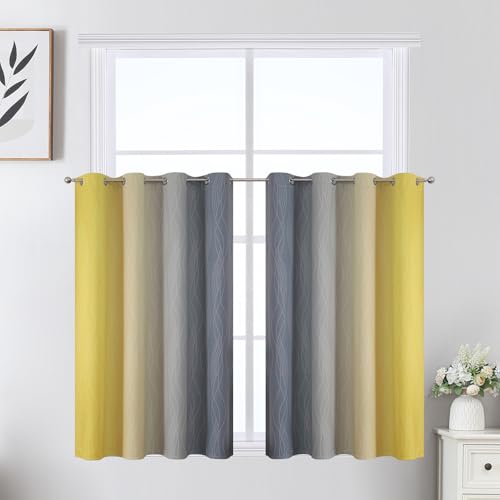 Image of Estelar Textiler Grey and Yellow Ombre Short Blackout Curtains 36 Inch Long, Thermal Insulated Grommet Small Half Window Drapes for Cafe /Basement /RV Camper /Kitchen, 52Wx36L, 2 Panels