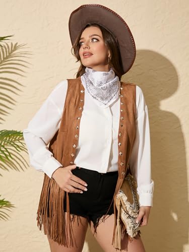 OYOANGLE Women's Plus Size Western Wear Cowgirl Outfits Fringe Trim Open Front Sleeveless Faux Suede Vest Jacket4