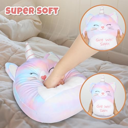 Image of Easfan 13'' Get Well Soon Unicorn Cat Plush Pillow Soft Cute Stuffed Animal with Silver Horn Feel Better Gifts for Kids Patient Feel Better for Women