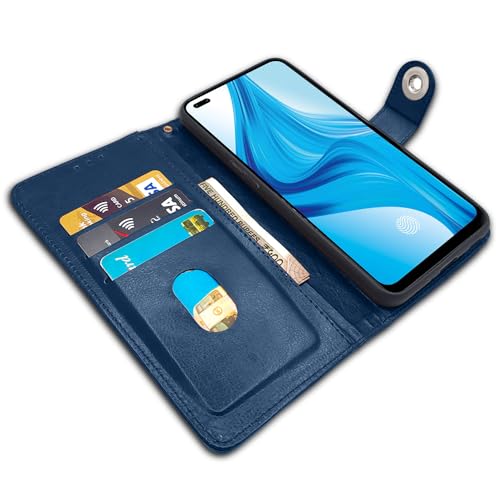 Image of Pikkme Oppo F17 Pro Flip Cover Leather Finish | Inside TPU with Card Pockets | Wallet Stand and Shock Proof | Complete Protection Button Flip Case (Blue)