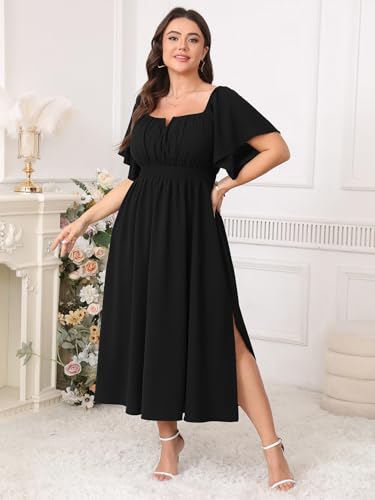 Women Plus Size Dress Wedding Guest Formal Ruffle Short Sleeve Square Neck Smocked Flowy A Line Slit Maxi Dresses4