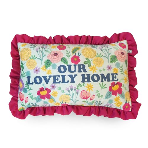 Image of rucomfy Beanbags Velvet Cushion | Printed Designs, Frilled & Fringed Edges | Soft Linen-Look Decorative Throw Pillow (45x45cm/40x60cm) (Our Lovely Home - Frilled, 40x60cm)