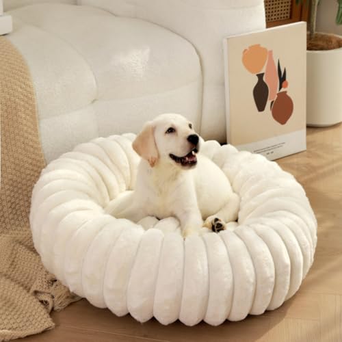Donut Hundebett für kleine und mittelgroße Hunde, waschbares Kunstfell mit Cord-Fleece und rutschfester Unterseite, rundes Haustierbett mit abnehmbarem Bezug, Beige, L - 80 cm