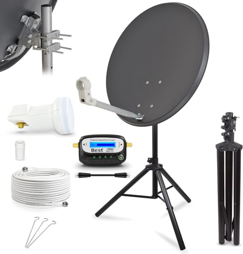 Digitale Camping Sat Anlage Spiegel 60 cm Single LNB 0 1 dB + 10m Kabel + Sat Finder + Dreibein Stativ für Balkon Caravan Mobil Schüssel Antenne HD UHD 4K Geeignet
