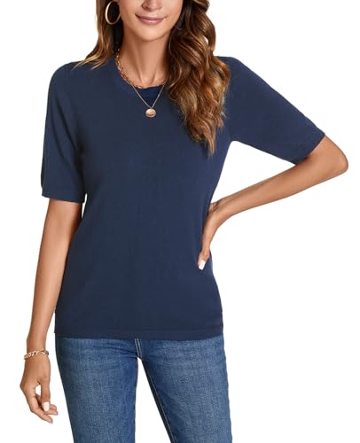 Image of Womens Short Sleeve Sweaters Tops Crew Neck Pullover Shirt Lightweight Knit Sweater Blouse
