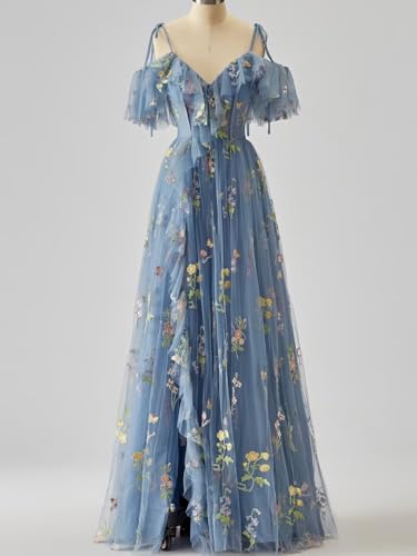 Flower Embroidery Tulle Prom Dresses for Women Spaghetti Straps Ruffle Long Formal Evening Party Gown3