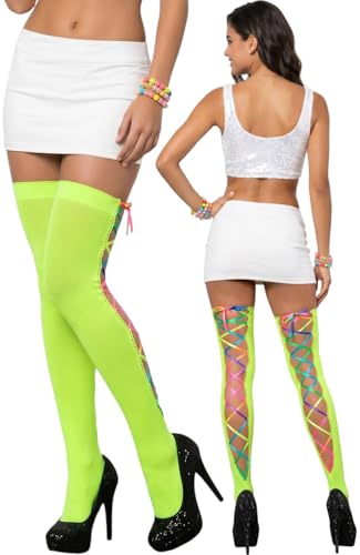 Image of ToBeInStyle Women's Lace Up Back Seam Tights Sheer or Opaque Hosiery Stockings Crisscross Lace Ribbon Zigzag Design