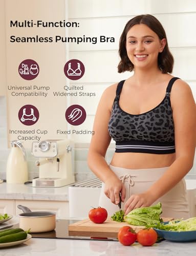 Momcozy Seamless Pumping Bra Hands Free, Fixed Padding Hands-Free Pumping & Nursing Bra, Wireless Comfort Pumping Bra Leopard Black2