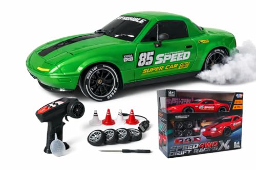 Image of 1:24 RC Drift Car 4WD, 20km /h Remote Control Car with Smoke Effect, Pop-Up Headlights, LED Lights, Drift Tires, Rechargeable Toy Car for Kids & Adults (Green)
