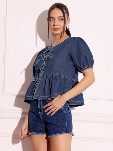 Image of Miss Chase Women's Round Neck Half Sleeves Cotton Lace and Pearl Detailing
