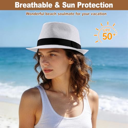 Image of Straw Fedora Hats for Men Women, 1920s Short Brim Trilby Panama Hat Summer Beach Sun Cap