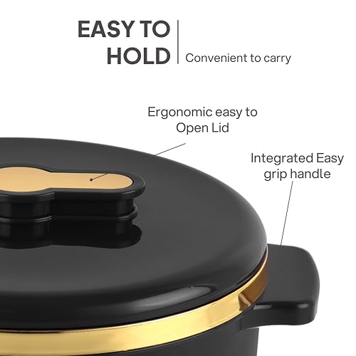 Image of CELLO Exotic 1000 Casserole Hot Pot Case for Daily Use 1000 ml, Black | Double Wall PU Insulated Serving Hot & Warm Food Hot Pot Box | Stylish Airtight Kitchen Casserole Set for Roti Rice Biryani
