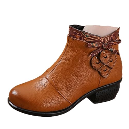 Women's Leather Dress Ankle Boots,Vintage Bow Comfort Chunky Block Waterproof Non-slip Side Zip Casual Short Booties