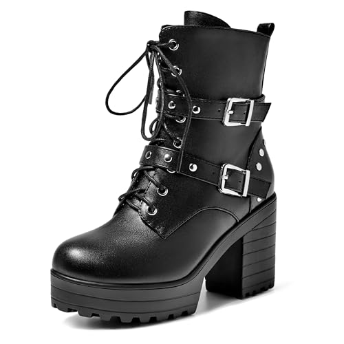 Women’s Ankle Boots Round Toe Gothic Chunky Platform Combat Boots Lace Up Short Booties Side Zipper Biker Boots