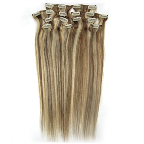 8PCS 100% Remy Real Human Hair Clip in Extensions 20" Straight (12/613 Light Brown/Light Blonde)