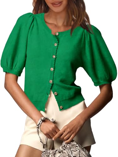 Image of Saodimallsu Womens Puff Short Sleeve Cardigan Lightweight Summer Button Down Shirts Knit Crew Neck Sweater Tops