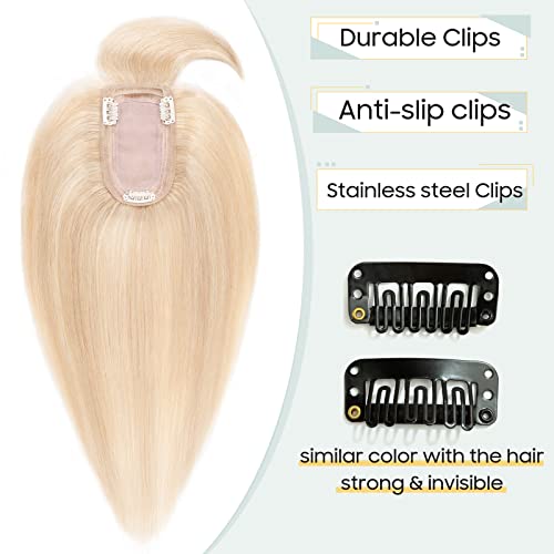 S-noilite Hair Toppers with Fringe Human Hair for Thinning Hair Women Real Hair Topper Hair Piece Clip In Hair Extensions 100% Remy Real Human Hair 27g(#18/613 Ash Blonde and Bleach Blonde - Image 4
