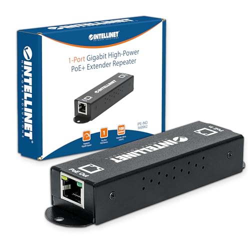 Image of Intellinet Gigabit PoE+ Extender, 1-Port, 25W, IEEE 802.3at /af | IEEE 802.3af /at compliant unit extends PoE links to 328 ft, fanless metal housing, no separate adapter needed