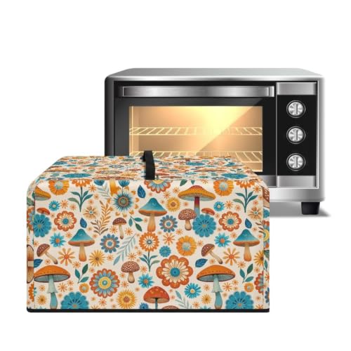 Image of Convection Oven Cover, Dust Proof Smart Microwave Oven Protector for Fall Decorations, L, 20.9 x 15.7 x 12.4 Inches, Mushroom Floral Daisy Beige Orange