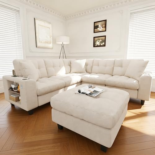Lekvvied Sofá de 6 plazas con portavasos y puertos USB/USB C, sofá de esquina en U con reposabrazos librería, sofá modular en U, sofá modular en forma de L con taburete móvil, sofás en U, chenilla