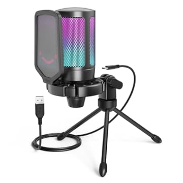 FIFINE Microfone USB Para Jogos Para PS5 PC, Microfone Condensador Com Mudo Rápido, Indicador RGB, Suporte De Tripé, Pop Filter, Suporte De Choque, Controle De Ganho Para Twitch Podcasts -A6V