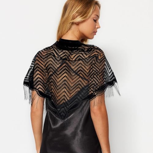 Black Lace Shawl,Triangle Lace Shawls and Wraps for Evening Dresses with Tassels Soft Mesh Fringe Wraps Elegant Shawl for Evening Party Mesh Wedding Shawls (Black)4