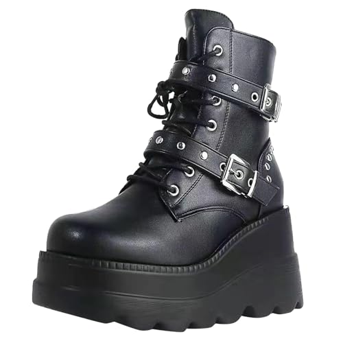 Platform Goth Ankle Boots for Womem Black Holographic Combat Chunky Heel Boots Side Zip Lace Up Wedge Combat Ankle Boots