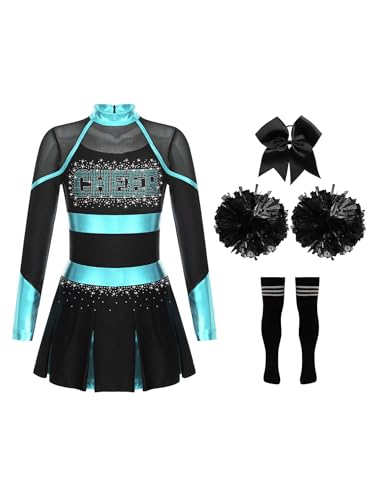Sinleey Mädchen Kostüm Cheer Leader Kinder Kleid Glitzer mit Pompons Tanzkleid Cheerleading Outfit Set Karneval Halloween Faschingskostüme A Blau grün Schwarz 146-152