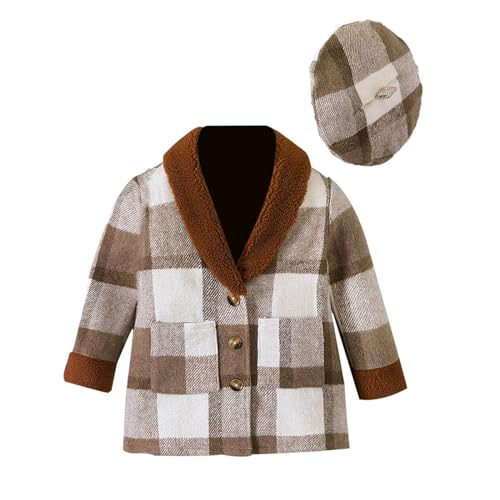 Toddler Kids Formal Plaid Coat with French Beret Hat Elegant Long Outfits for Girl Baby Girls Woolen Trench Coat