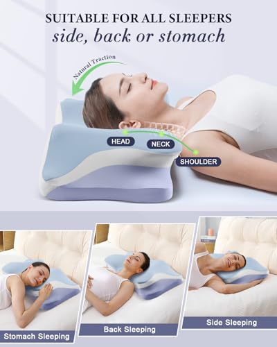 Cervical Pillow for Neck Pain Relief, Cooling Ergonomic Memory Foam Pillows for Sleeping with Luxury Anti-pilling Pillowcase, Contour Orthopedic Neck Support Pillow for Side Back Stomach Sleepers-Blue