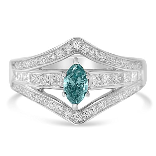Original Classics 14K White Gold Treated Blue Marquise, Round and Princess Diamond Fashion Ring (1 cttw, Blue Color, SI1-SI2 Clarity)