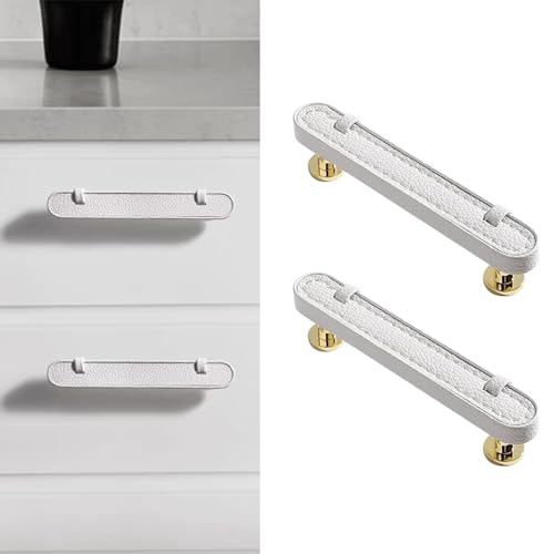 Image of 6 Pack Leather Cabinet Handle Pulls 3-3 /4 inch Hand-Stitch White Leather Drawer Pulls Dresser Handle Pulls for Cabinets Cupboards Dressers Drawers Bedroom Leather Pulls