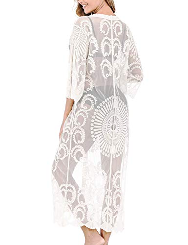 Women's Lace Cardigan Floral Crochet Sheer Beach Cover Ups Long Open Kimono
