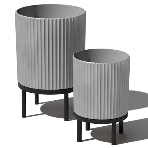 Image of Veradek Demi Series Raised Duo Planters - Set of 2 Planters with Stands | Made From a Durable Plastic-Stone Composite & Comes With Wooden Stand. Modern Porch /Patio Decor