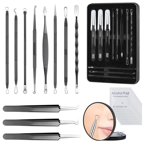 11PCS Blackhead Remover Comedone Extrator Kit, Pimple Extractor Acne Removal Tool Kit, Curved Blackhead Tweezers Kit, Comes with Alcohol Tablets and Magnifying Glasses for Blemish Removal (Iron Box)