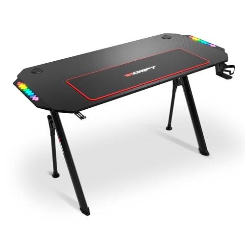 Drift Gaming DRDZ175RGB – Mesa Gaming con Tablero de Fibra de Carbono, Laterales RGB reactivos al Sonido, Alfombrilla XL, Soporte para Bebidas y Auriculares, Color Negro