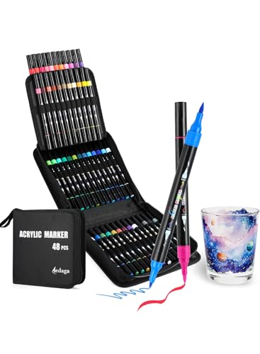 HornedDragon 48 colores de lápices acrílicos con doble punta, juego de lápices acrílicos para piedras resistentes al agua (pincel y punta fina), marcadores acrílicos para niños y adultos, marcadores