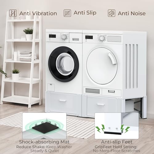 Image of SKM Washer and Dryer Pedestal with Drawer, Laundry Pedestal for Washer and Dryer Stand, Heavy Duty Steel Washing Machine Stand Height Raiser (2, white, 28 inch W x 29 inch D x 14 inch H)