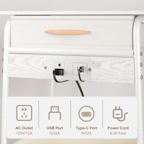 Image of End Table with charging station White Side Table with Storage Rectangular