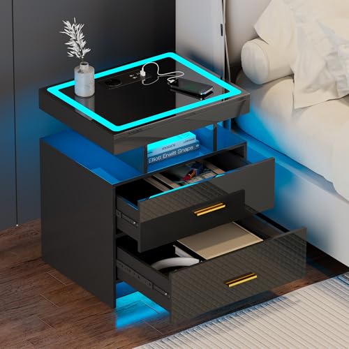 JDPAG LED Nightstand with Wireless Charging Station, Smart Night Stand with 2 Drawers, Glass Top...