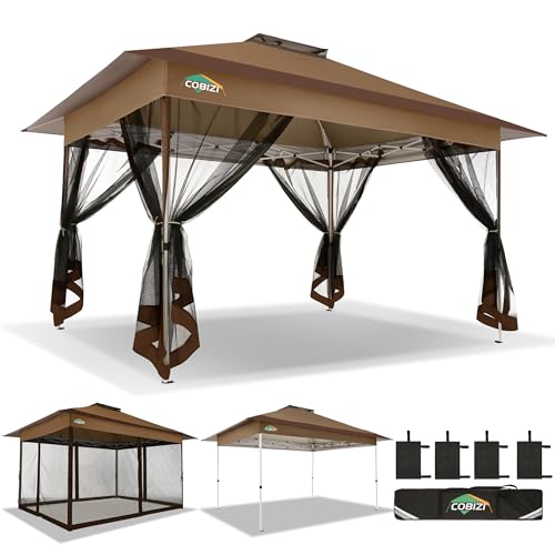 Image of COBIZI 10x15 FT Pop up Gazebo on Clearance - Outdoor pop up Heavy Duty Canopy Tent,carpas para Patio,Screen Tents with Portable Carry Bag, Patio Gazebos for Camping, Garden, Deck, Backyard, Brown