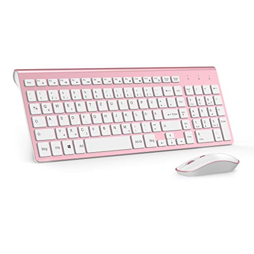 Clavier Souris sans Fil,JOYACCESS 2,4Ghz Ultra-Fins Compacte Ensemble Clavier Souris,Portable Silencieux 2400 DPI Ergonomique Souris sans Fil pour PC,Smart TV,Ordinateur(AZERTY Disposition)-Rose Blanc