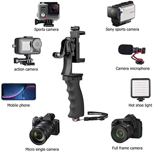 2in1 Ergonomic Portable Action Camera+Smartphone SYN Hand Grip Stabilizer Combo Mount Video Vlogging Rig Holder Kit for GoPro Hero 11 iPhone Interview Travel YouTube Tiktok Streaming-Mic+Light Adapter