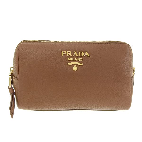 Prada Vitello Daino Cannella Brown Leather Cosmetic Pouch Clutch Bag Wallet 1ND0042
