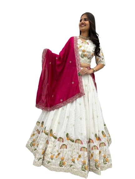 Women's white Sequence Embroidered Work Semi-Sttiched Lahenga Choli | Chinon Bridal Lehenga choli with Dupatta for women-image-3